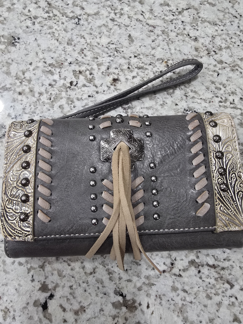 Montana West Gray Wristlet Clutch with Tan Fringe and Silver Accents